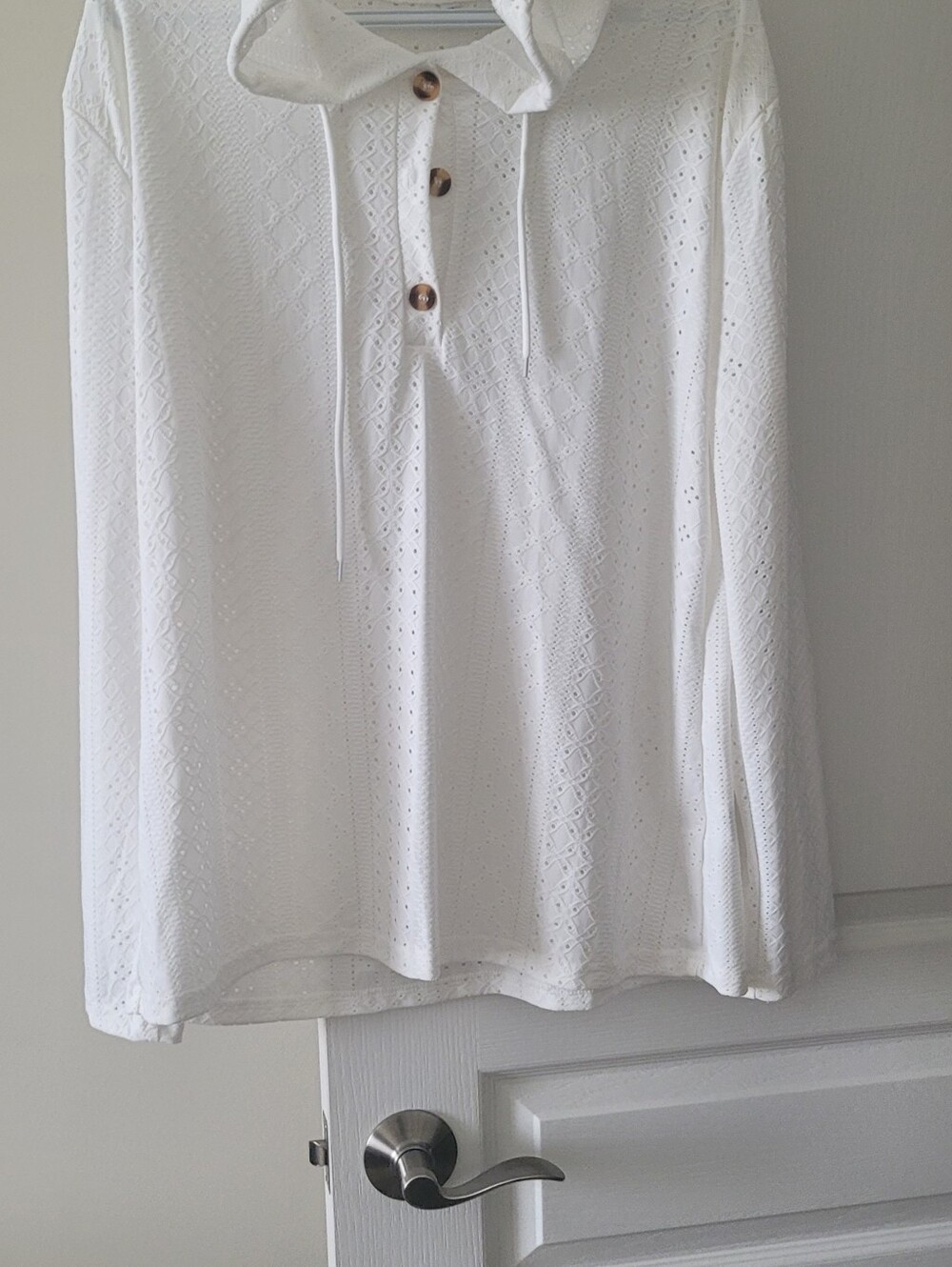 Men's White Knit Hooded Shirt with Button Placket